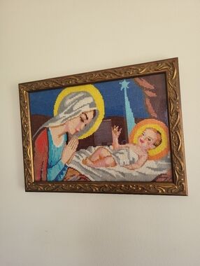 Handmade St Mary With Baby Jesus Nativity Cross Stitch Wall Art Framed 17.8 X 13